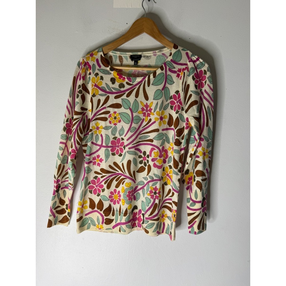 NWT Talbots merino wool puff sleeve floral print pink yellow green sweater Sz MP